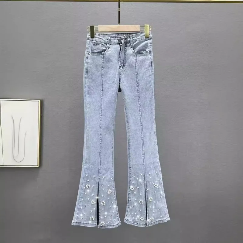 Women's Beaded Jeans2024New Summer Stretch High Waist Slim Fit Slimming European Goods Diamond Split Flared Pants