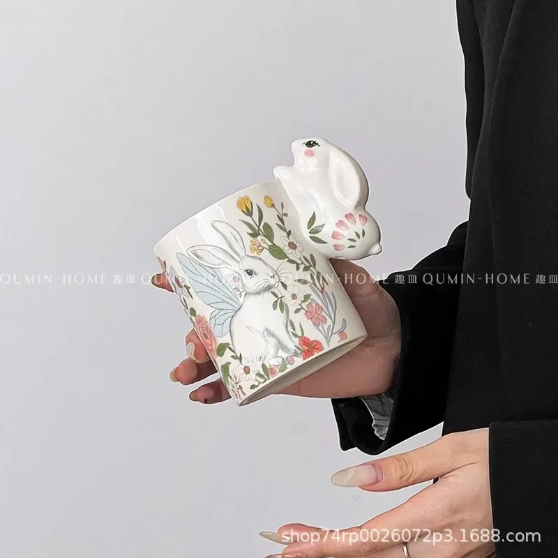 2Pcs Mid-Autumn Festival gift mug cartoon flower rabbit ear cup ceramic cup couple water cup souvenir gift high value