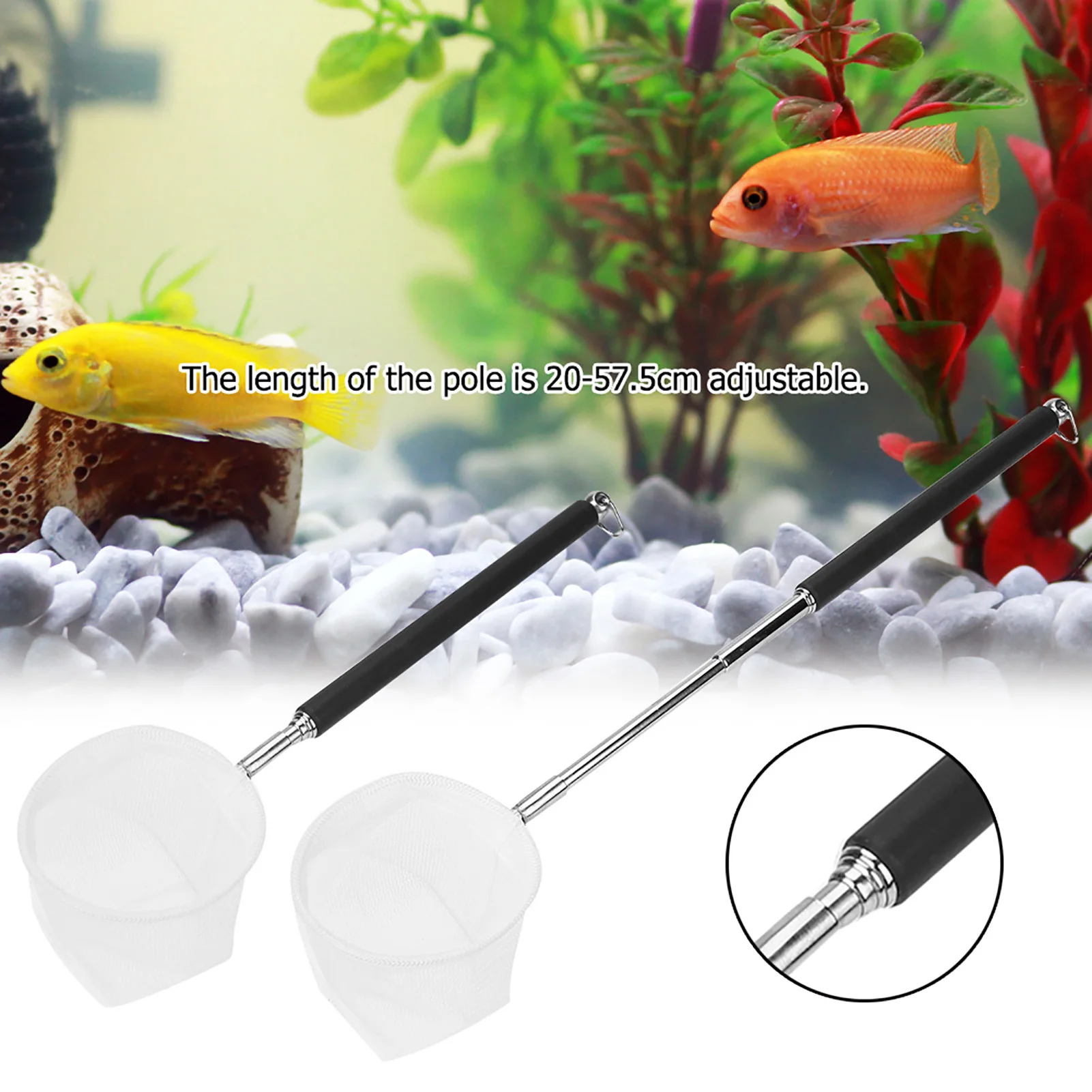 Adjustable Aquarium Fishing Net 20-57.5cm Extendable Handle Shrimp Fish Tank Net for Catching Cleaning Small Fish
