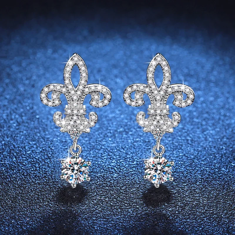 S925 Sterling Silver Mosang Diamond Earrings, Crown Queen Iris, High Grade 1 Carat D-Color Earrings, Wedding Jewelry Wholesale