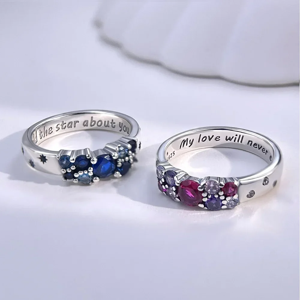 Real 100% Pink Blue Zircon Sparkling Rings for Women Fine Jewelry Anniversary Gifts 925 Sterling Silver image 2