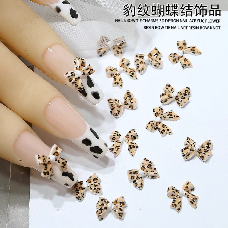 50 Uds. De cinta con estampado de leopardo 3D para uñas, dijes de lazo de resina, cinta de dibujos animados, lazo, diamantes de imitación, decoración artística de uñas, accesorios de manicura DIY