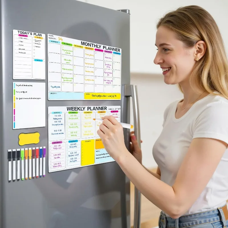 Refrigerator Magnetic Whiteboard Calendar, 4-Piece Set, Magnetic Whiteboard, Family Planner, Accessory Colors Are Random