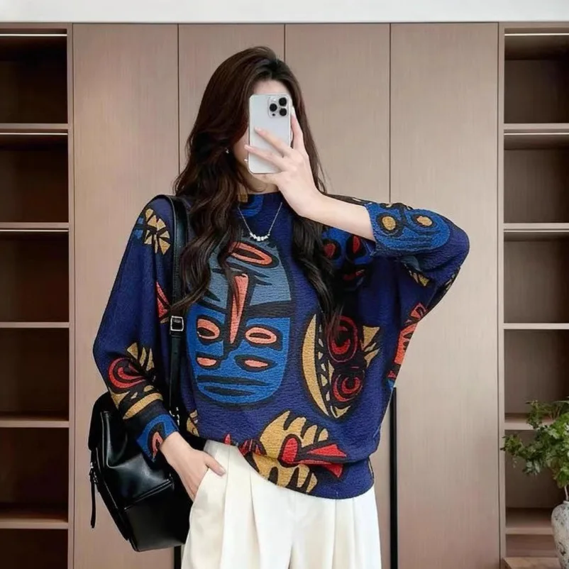 

Miyake плиссированная футболка с длинными рукавами и принтом, весна 2026, новая женская свободная тонкая модная эластичная рубашка большого размера с тонким верхом