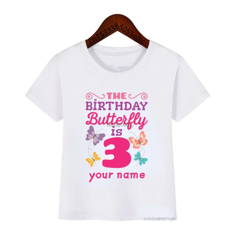 

Girls Birthday Name Butterfly Number Cartoon T-shirt Kids Funny Birthday Gift T-shirt Custom Name Number