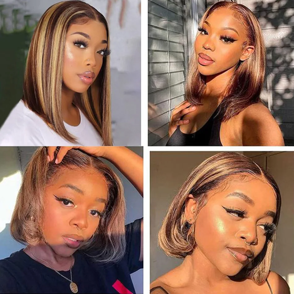 Brazilian 4x4 Lace Closure Wig Highlight Colored Human Hair Wigs Highlight Brown Bob Wigs Straight Remy Hair 180 Density On Sale