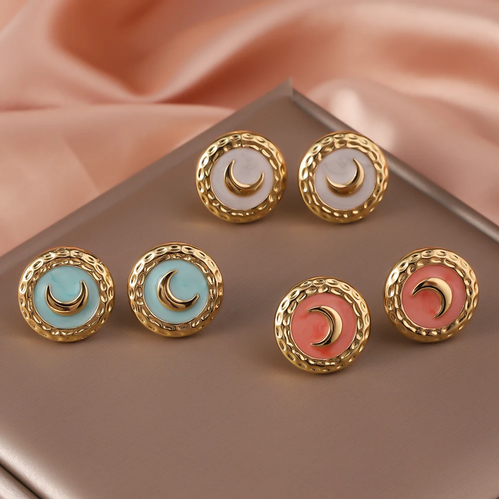 Exquisite Stainless Steel Round Stud Earrings For Women, Trendy Colorful Drip Oil Moon Style Retro High-end Earrings