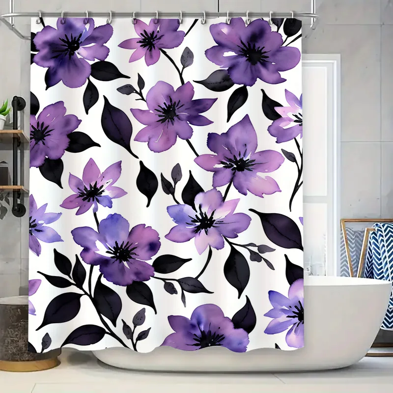 

Красивая фиолетовая занавеска для душа с цветочным принтом, черно-белая акварельная печать, декор для ванной комнаты, быстросохнущая полиэфирная ткань, современный H
