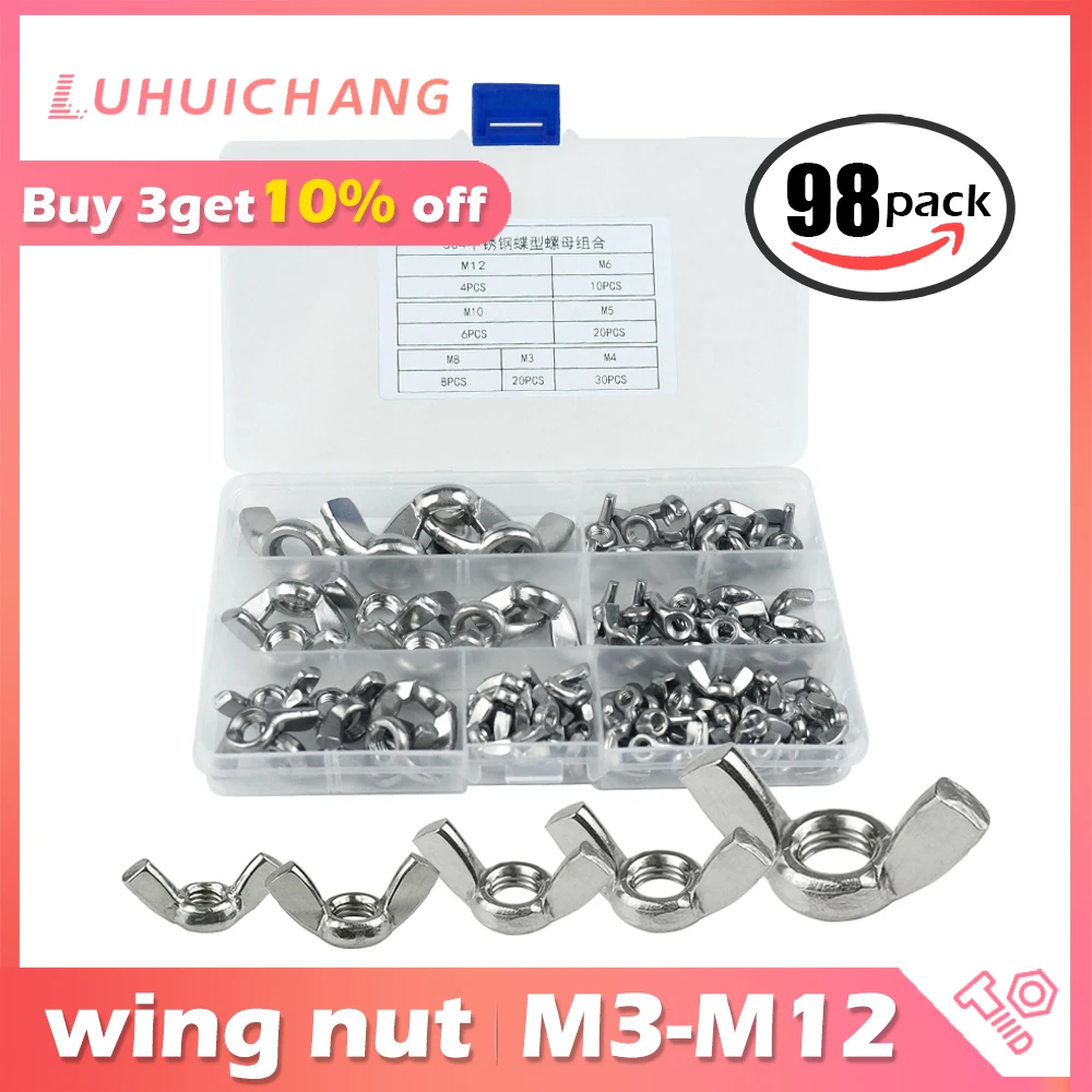 

98pcs Wing Nut assortment kit M3 M4 M5 M6 M8 M10 M12 Stainless Steel Wingnuts butterfly nuts for drum bicycle DIN315