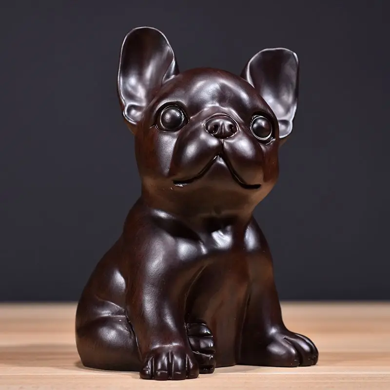 Natural Ebony Wood Carved French Bulldog Ornament Living Room Office Desktop Decoration Craft Gift