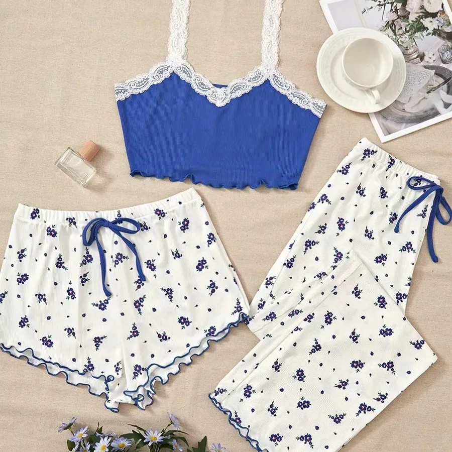 

Three Piece Women's Heart-Shaped Printed Vest Shorts and Pants Paired with Ribbed Fabric for Home Casual Women's Sleepwear Set