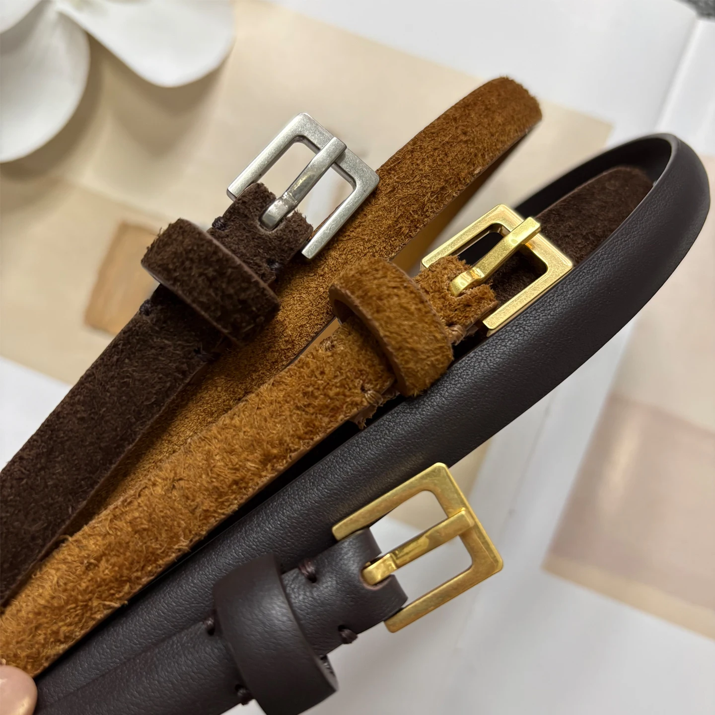 Extremely simple style 1.3cm slim cowhide waist belt, genuine leather slim back suede leather women's belt texture pants belt