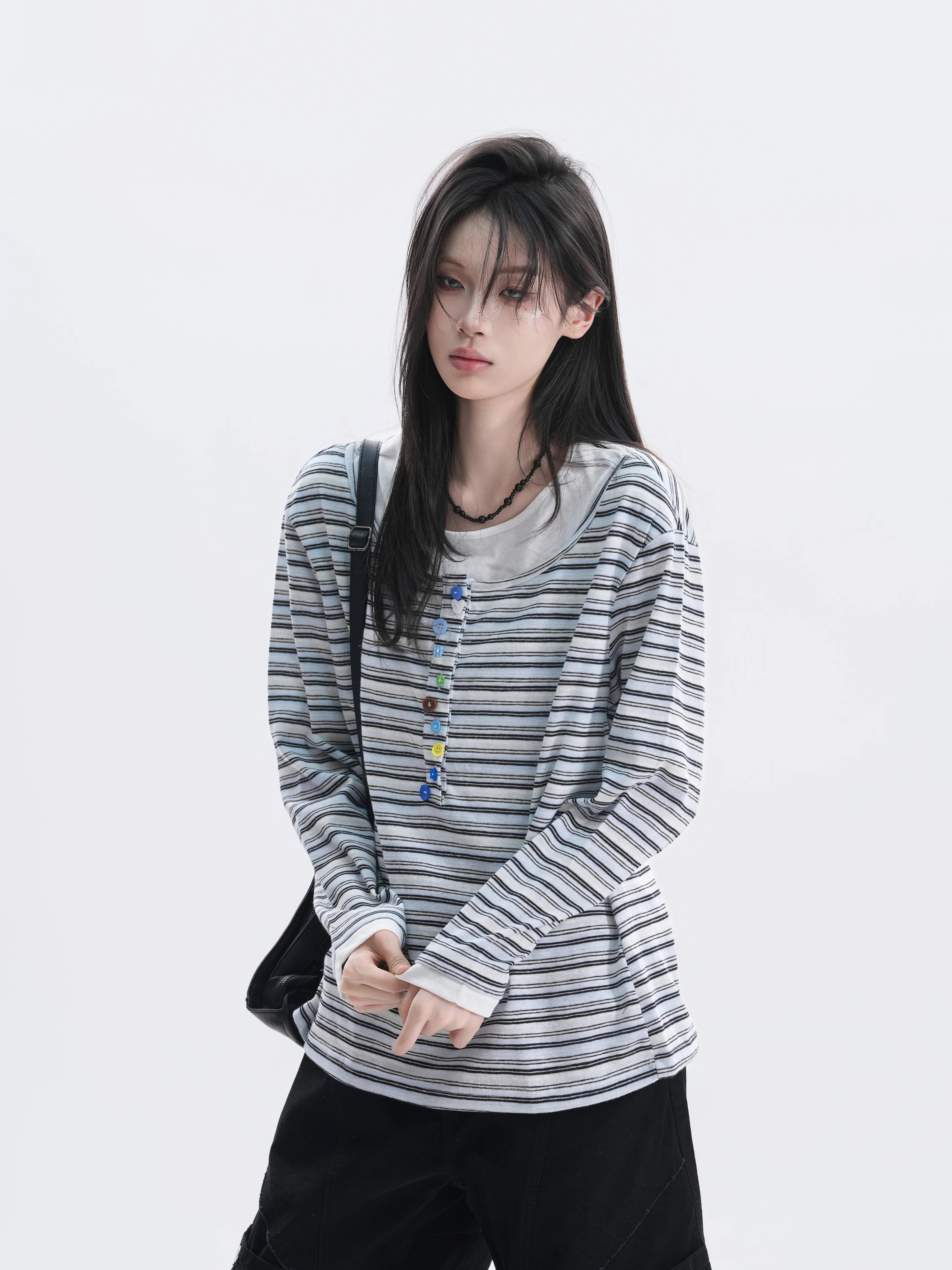 Summer Anti-Aging Design  Button Stripe Long Sleeve Women's Pure Desire Wind Cover up T-Shirt Casual Fit Vintage Style