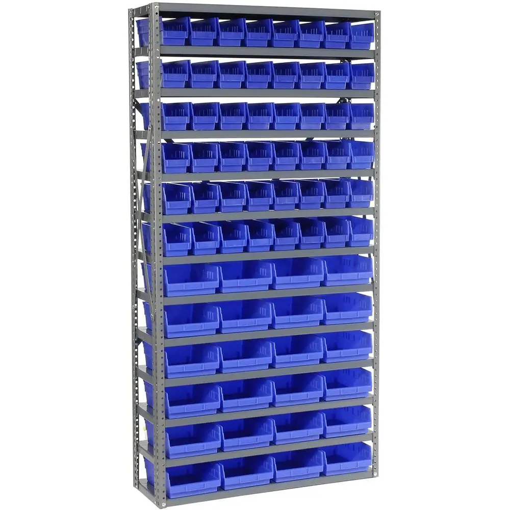 

13-Tier Steel Shelving Unit with 72 Blue 4 Plastic Storage Bins, 36W x 12D x 72H