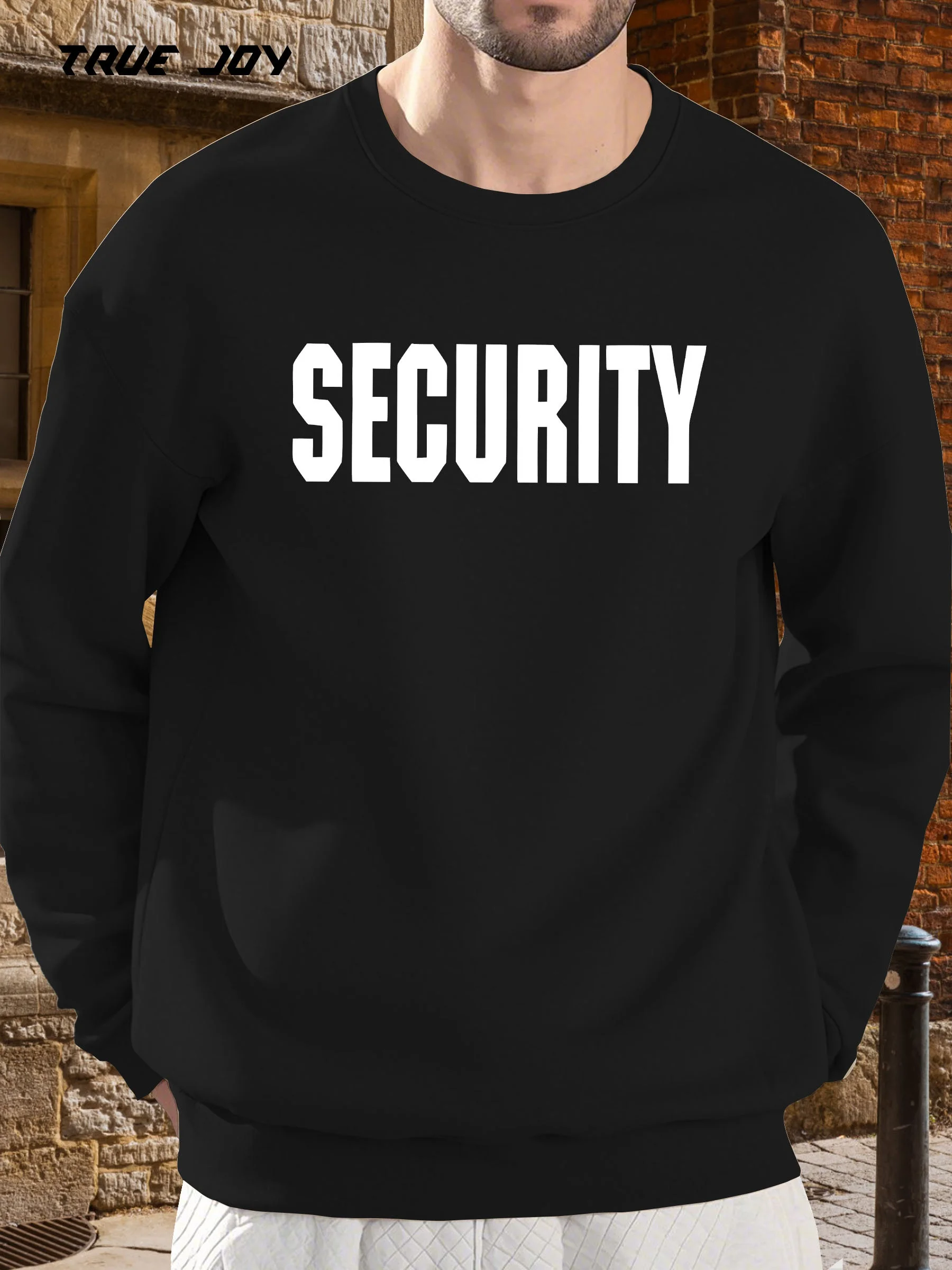 

Мужская повседневная толстовка с рисунком «SECURITY» — черный круглый вырез с длинными рукавами и жирным белым принтом, свободный крой на весну и осень