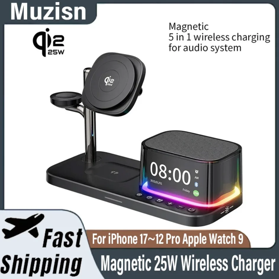 

5 в 1 Qi2.2 Магнитная подставка для беспроводного зарядного устройства 25 Вт Bluetooth-динамик для iPhone 17 ~ 12 Pro Apple Watch 9 Airpods Pro Быстрая зарядка