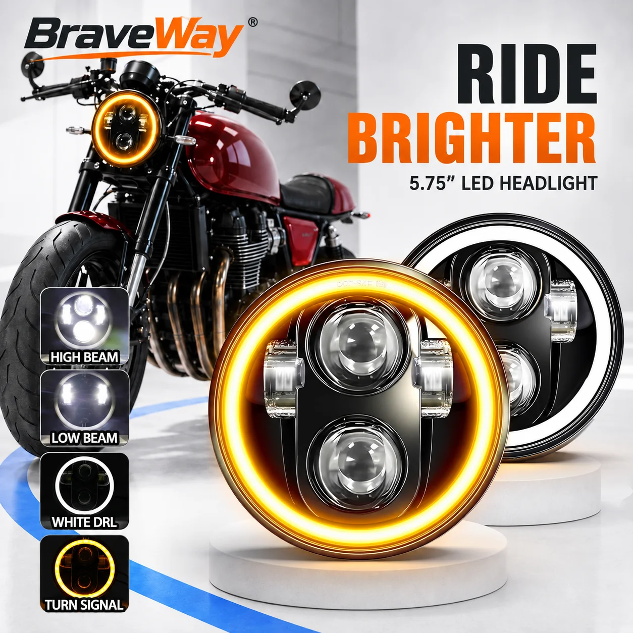 BraveWay, faro a LED rotondo da 5,75 pollici con anello luminoso, funzione di luce diurna (DRL) e indicatori di direzione, grado di protezione IP68, ideale per Wrangler, Harley, moto, camion e per