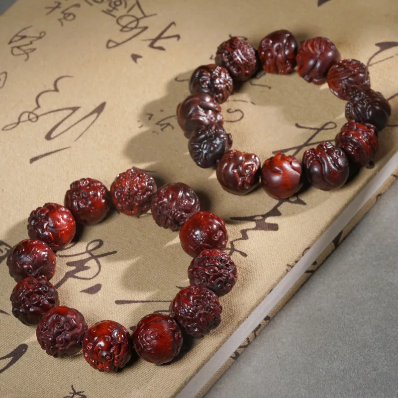 

African Small Leaf Red Sandalwood Carved Human Head Pixiu Beads Single Layer Unisex Sandalwood Bracelet Jewelry