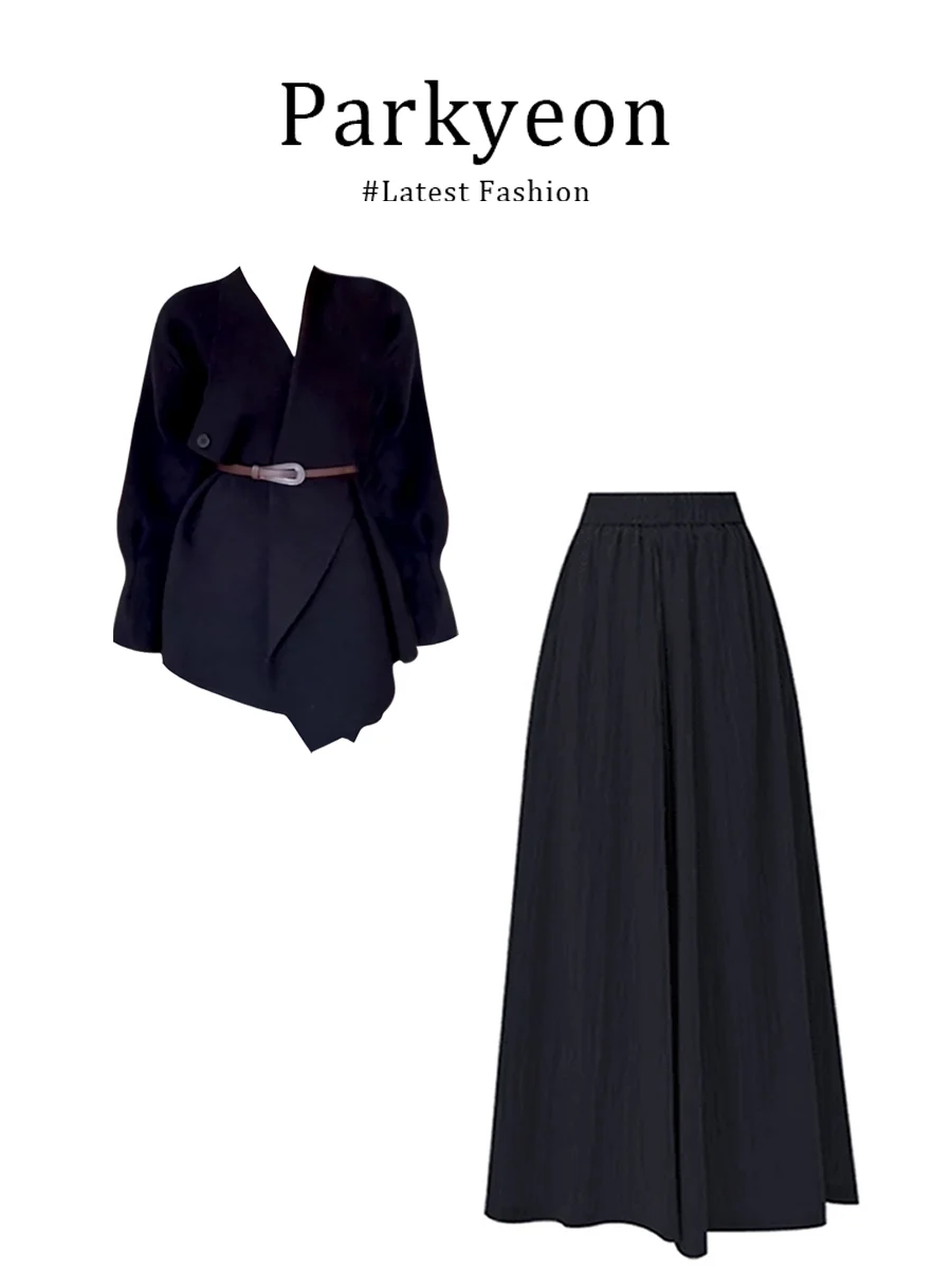 

Black Knot Design Slimming Knitted Top High Waist Casual Pants Autumn Set Women's Fashion Ensemble V-neck Mid-length Korean S...