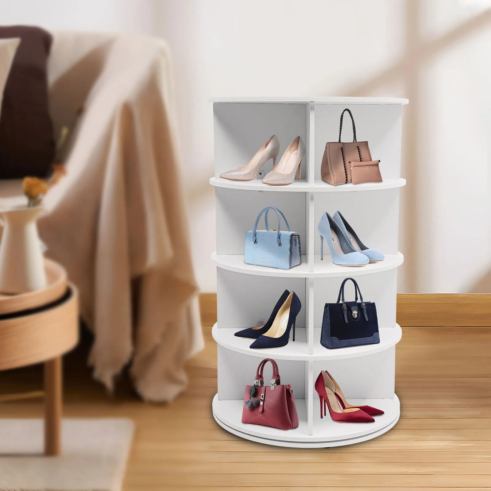 

Rotating Bookshelf Shoe Rack 360° Free Standing Simple Children's Bookcase Living Room 4-Tier Storage Rack Shoe Organizer