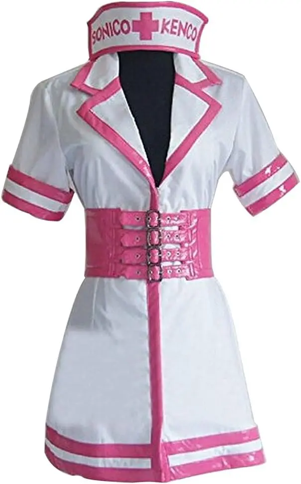

Nurse Costume for Women, White and Pink Dress with Corset Belt, Short Sleeve