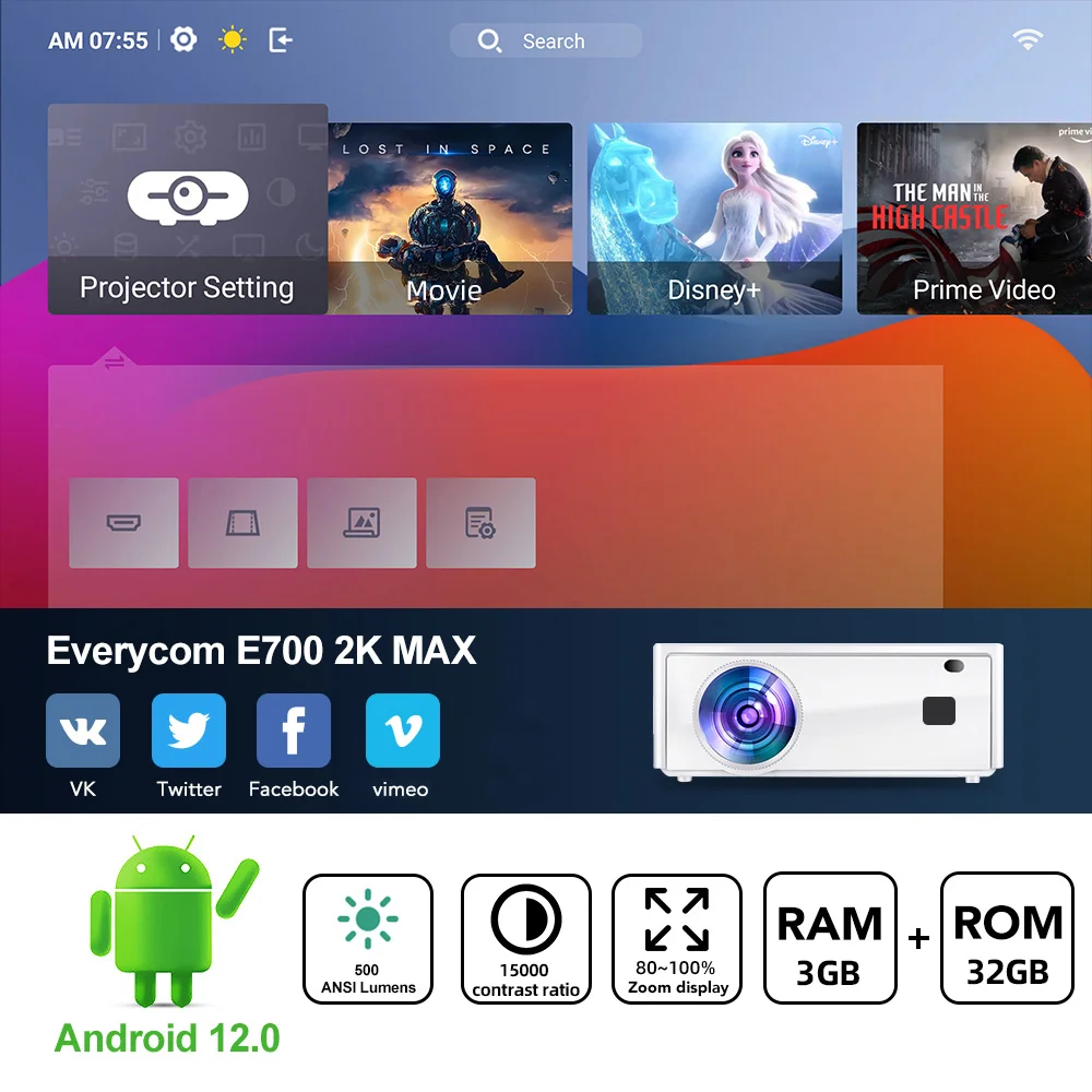 Everycom E700 2k Max Full HD Smart 1080P Android WIFI Smart TV Video Projecteur Tv Projector 4k Home Theater