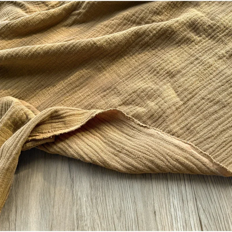 Camel Colored Washed Thickened Ramie Cotton Double-layer Pleated Fabric Retro Texture Pleated Dress Clothing Designer Fabric