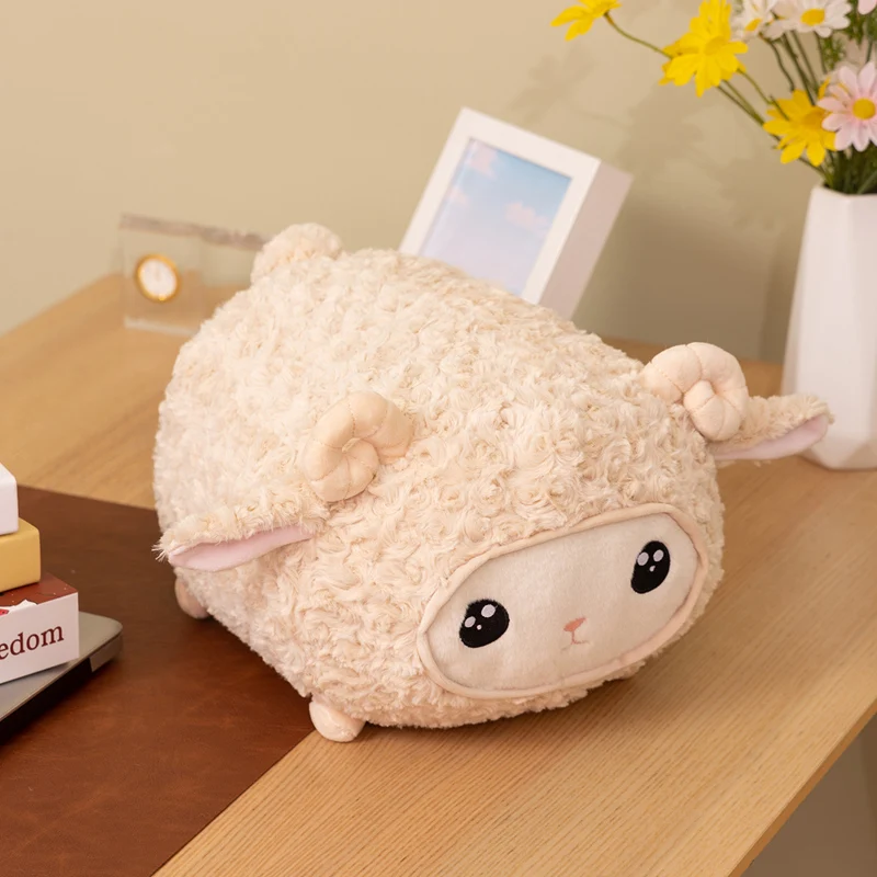Cute Round Sheep Plush Pillow Soft Curly Wool Lamb Stuffed Animal Sofa Cushion Home Decor Birthday Gift for Girls
