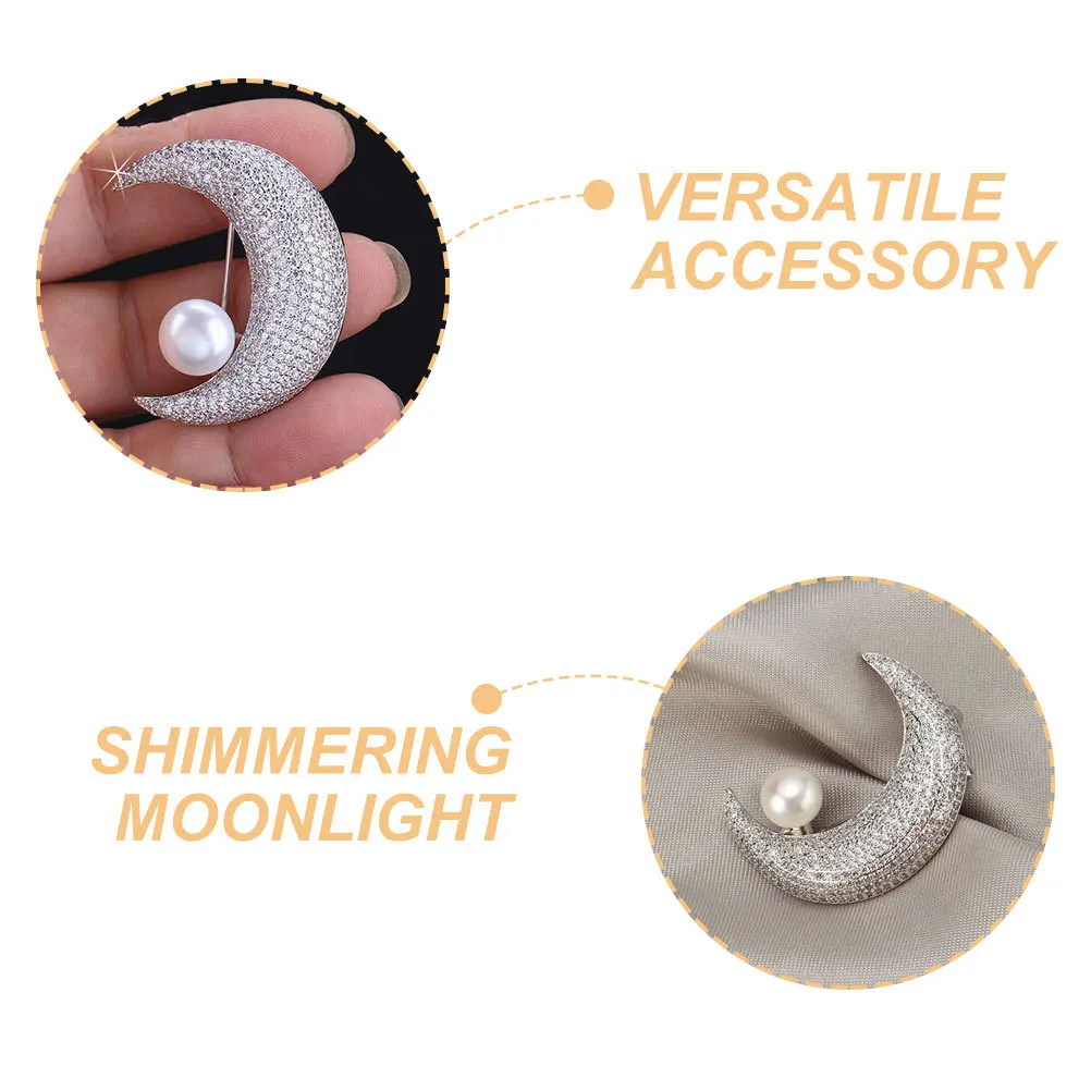 Crescent Moon Brooch Pin Sparkling Crystal Pearl Collar Clip Elegant Shirt Scarf Clasp Jewelry Accessory For Women