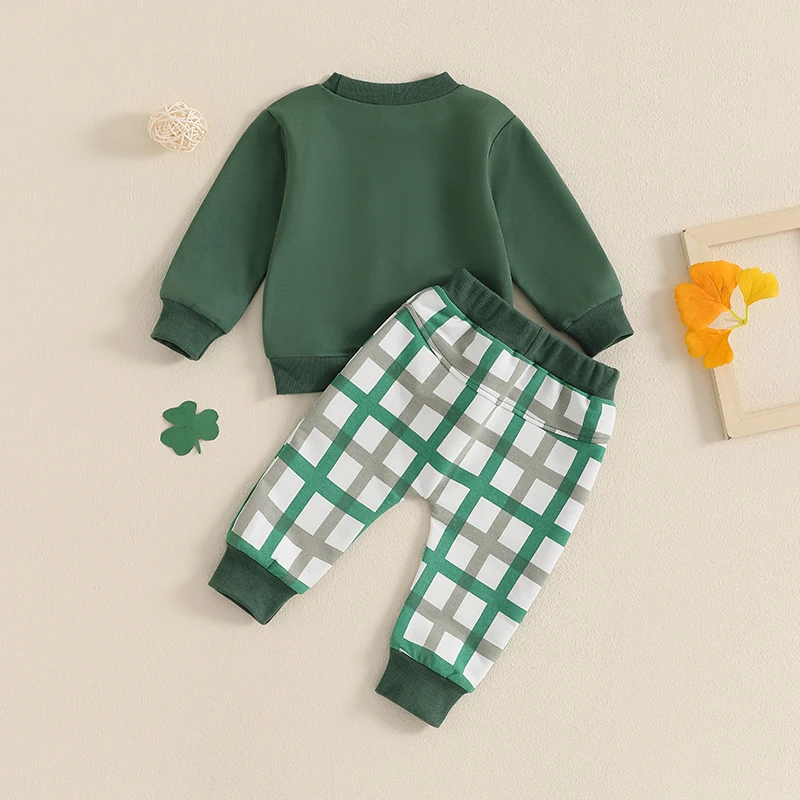 Lioraitiin Toddler Baby Boys Clothes Set Long Sleeve Crew Neck Letters Shamrock Print Sweatshirt with Plaid Sweatpants Clothes image 2
