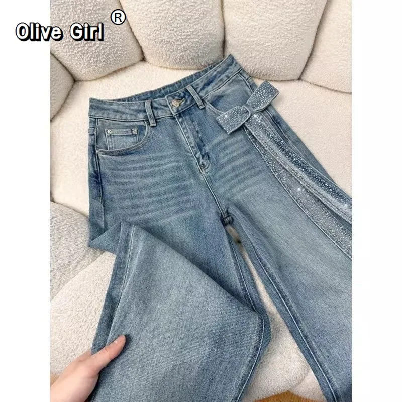 

Olivegirl 3D Bow Diamond Sparkling Wide Leg Pants Women's denim Jeans 2026 Summer trousers Edition High Waist Loose Cowboy Pants
