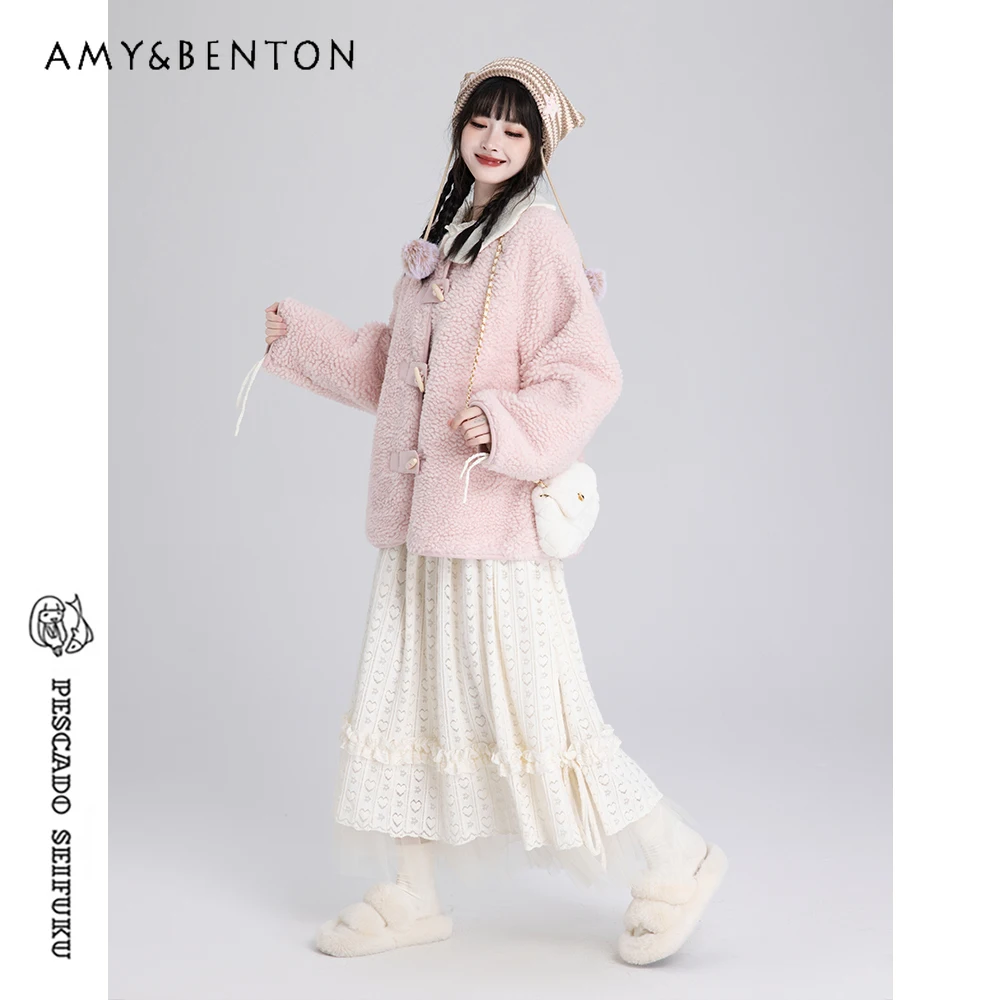 Lolita Coat Sweet Pink Lamb Wool Winter Clothes Women Japanese Kawaii Doll Collar Horn Button Jackets All Match Jk Coat Female