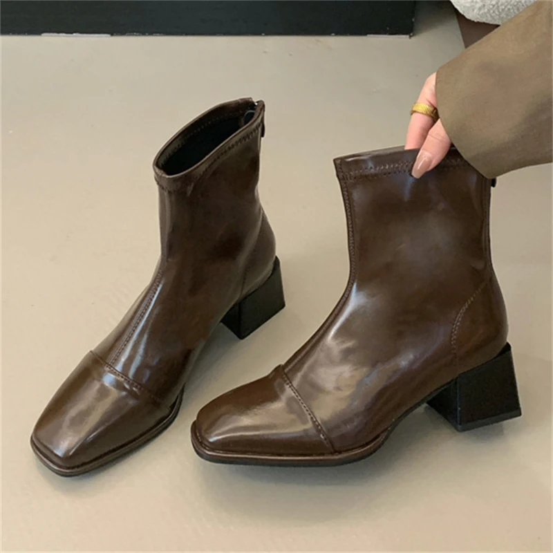 

Eilyken/модные женские ботильоны из мягкой кожи с круглым носком на молнии, элегантная обувь для вечеринок на квадратном каблуке, Botas Largas Mujer