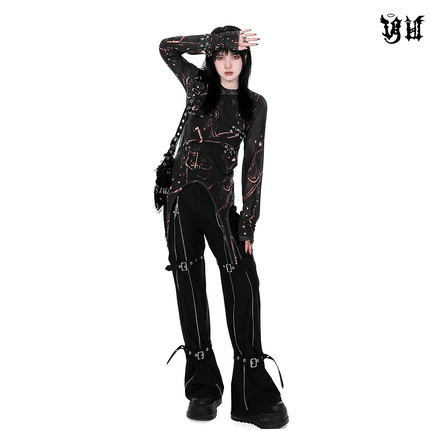 Women Punk Personalized Bottoming Shirt Metal Ring Printed Asymmetric Design Long Sleeve Slim Cool Goth Grunge Shirt Pullover