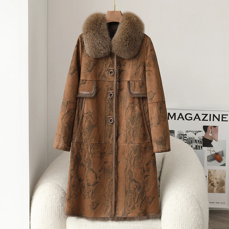 Lady's Rabbit Fur Winter Long Coat  Fox Fur Collar Women Genuine Fur Warm Jacket Parka JT3447