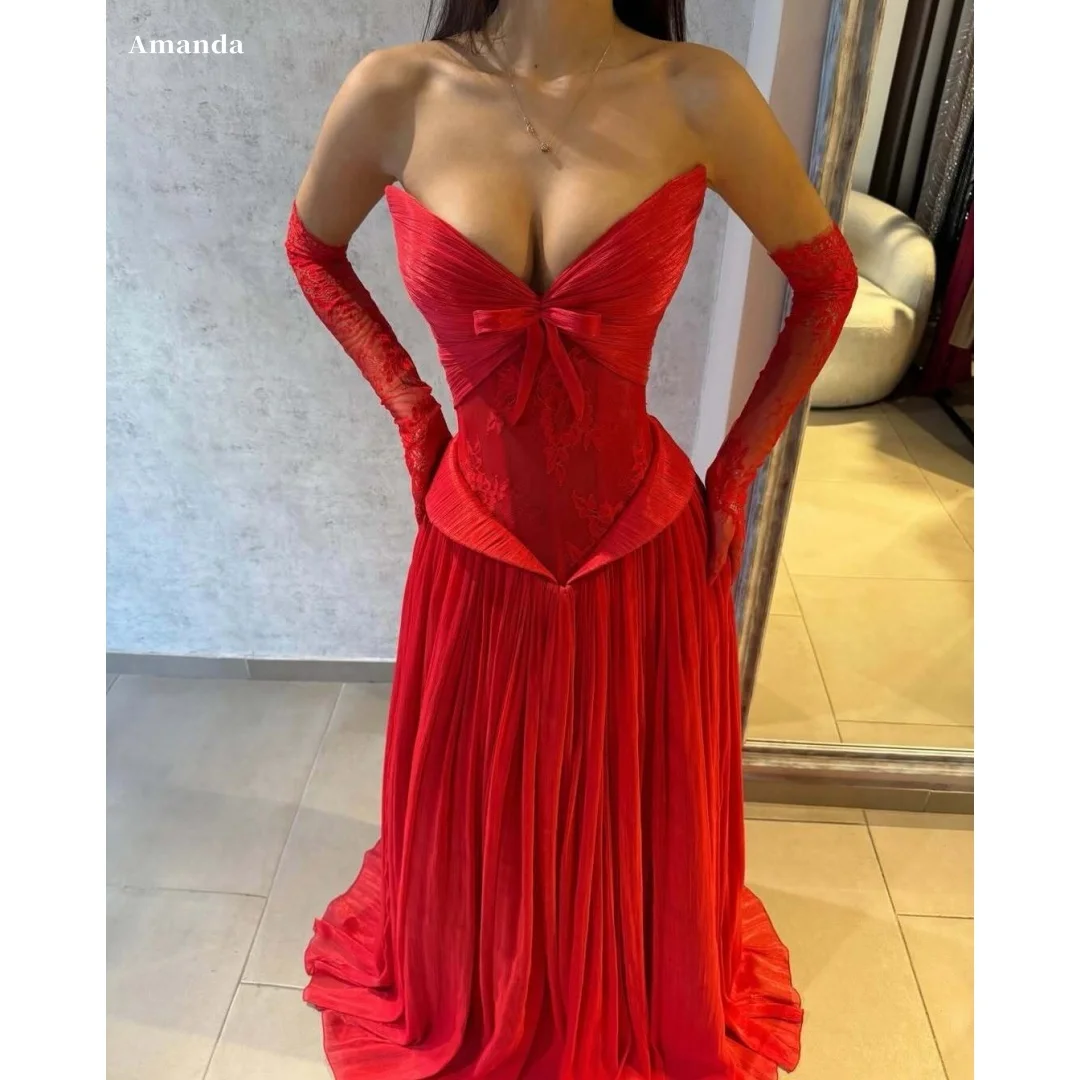 

Amanda Customized Red Sweetheart Bow Prom Dress Lace Corset Pleated Chiffon Flowy Train Formal Evening Gown vestidos de noche
