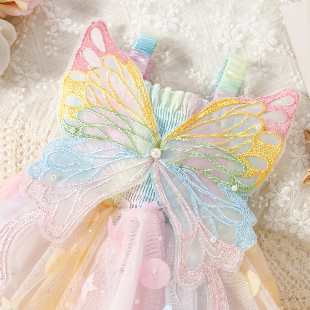 Summer Girls\' New Dress Sweet Sling Waist Wrapped Colorful Butterfly Mesh Back Big Wings Princess Dress