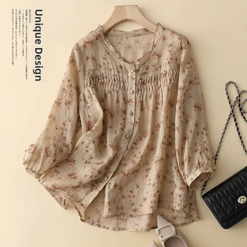 Ele Floral Cotton Linen irt Damen Faionable Summer Top Age-Defng irt Japanischer Sle Vintage Print Loose Fit