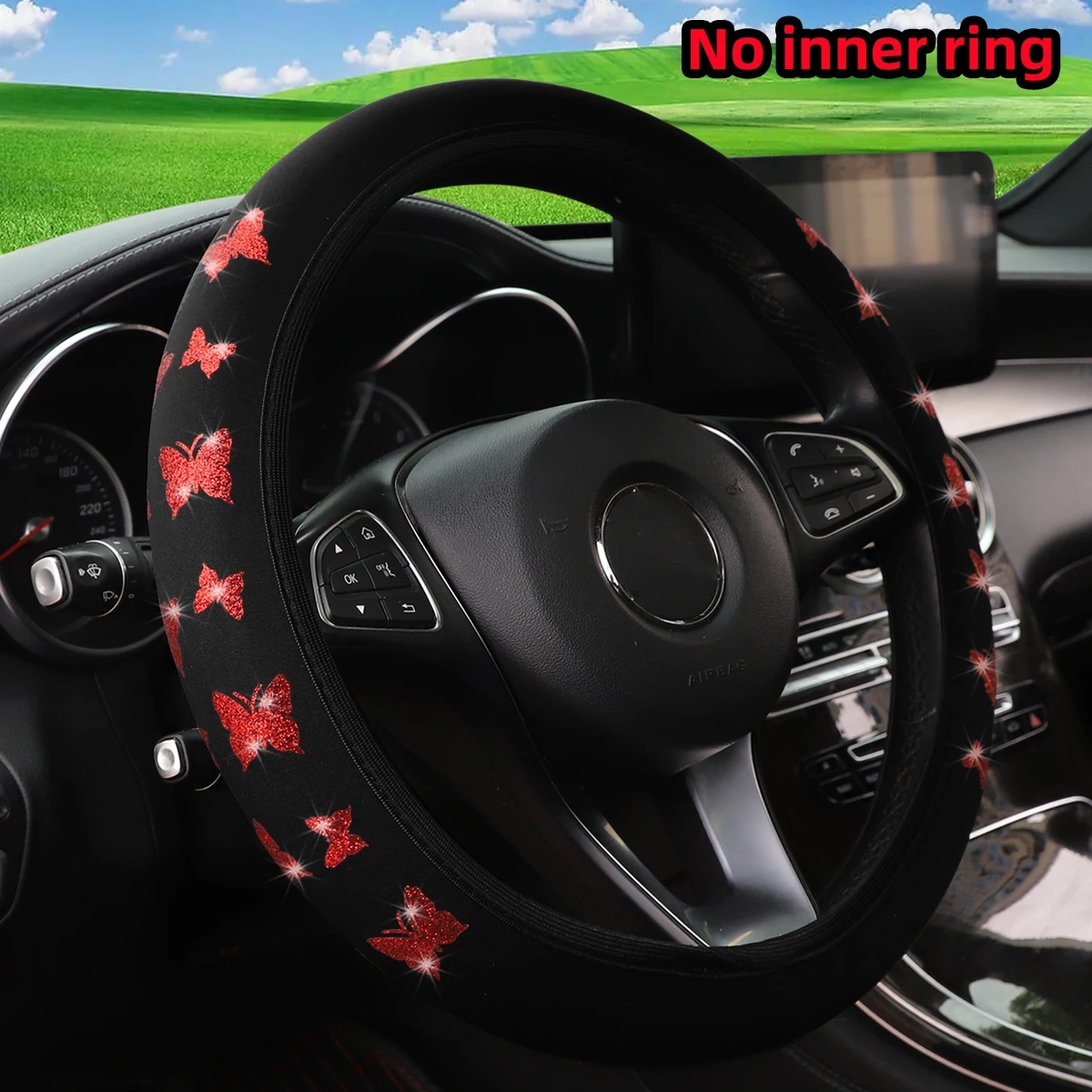 1 Glitter Butterfly Blingbling Fabric Waterproof Non-slip Steering Wheel Cover Fits 14.5-15 Inches