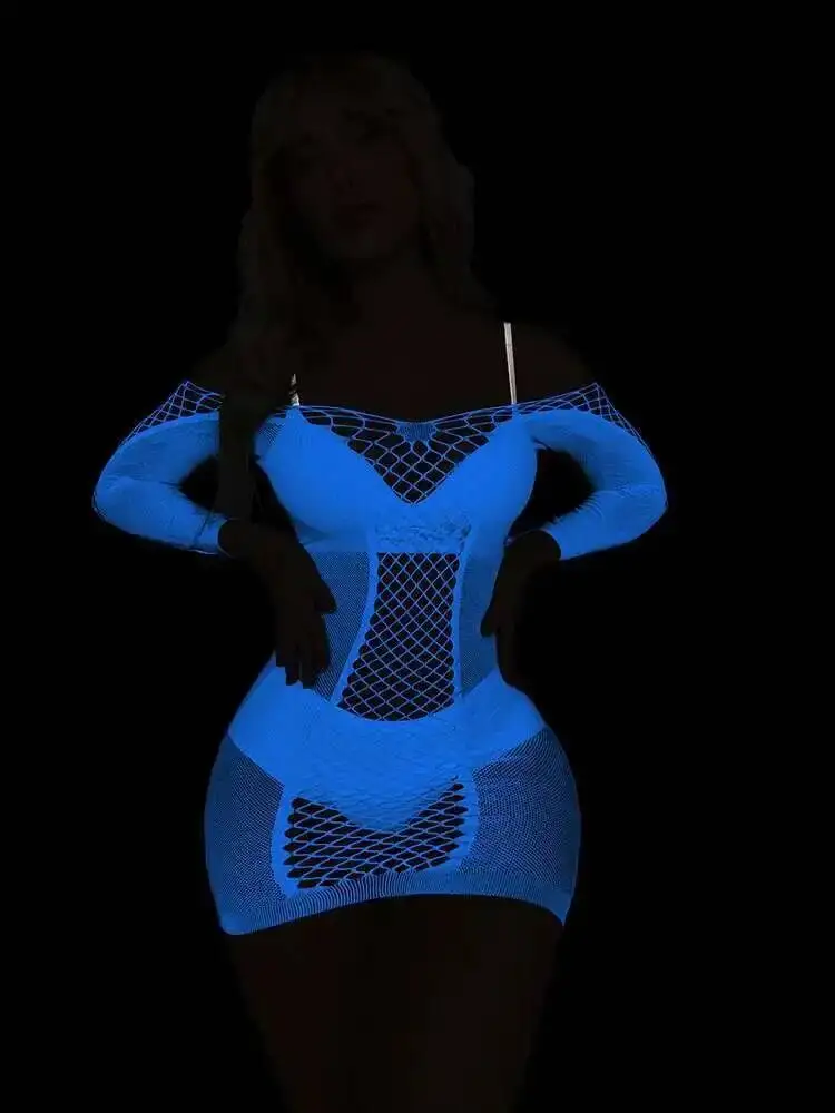 Blue Light Glowing Sexy Short Dress Elegant Bodycon Night Light Mesh Hollow Sexy Long Sleeve Off-Shoulder Mini Dress Tops DA6J
