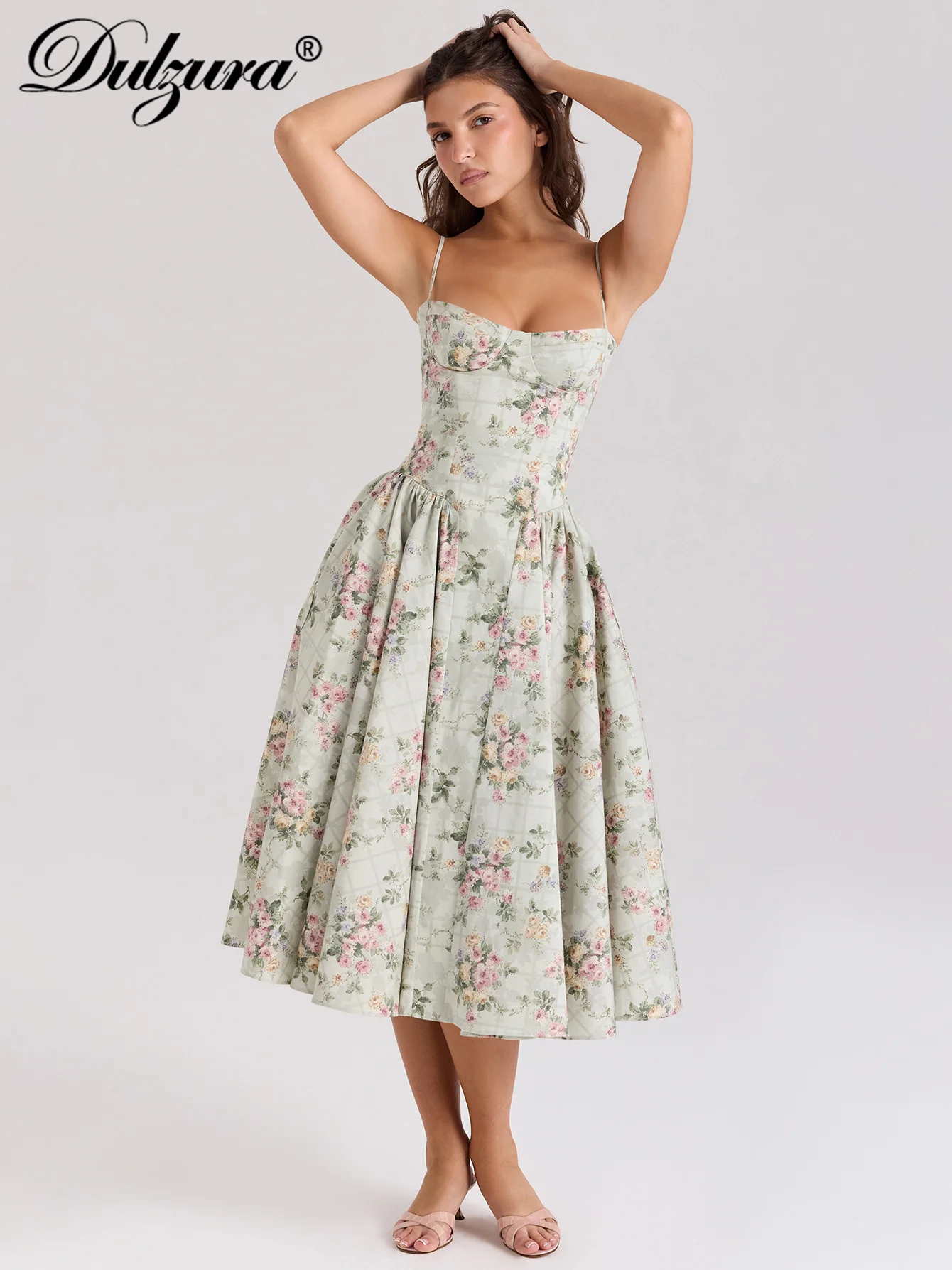 Dulzura ノースリーブバックレスボディコンプリントキャミプリーツマキシドレスセクシーエレガントカジュアルロングドレスパーティークラブストリート夏服