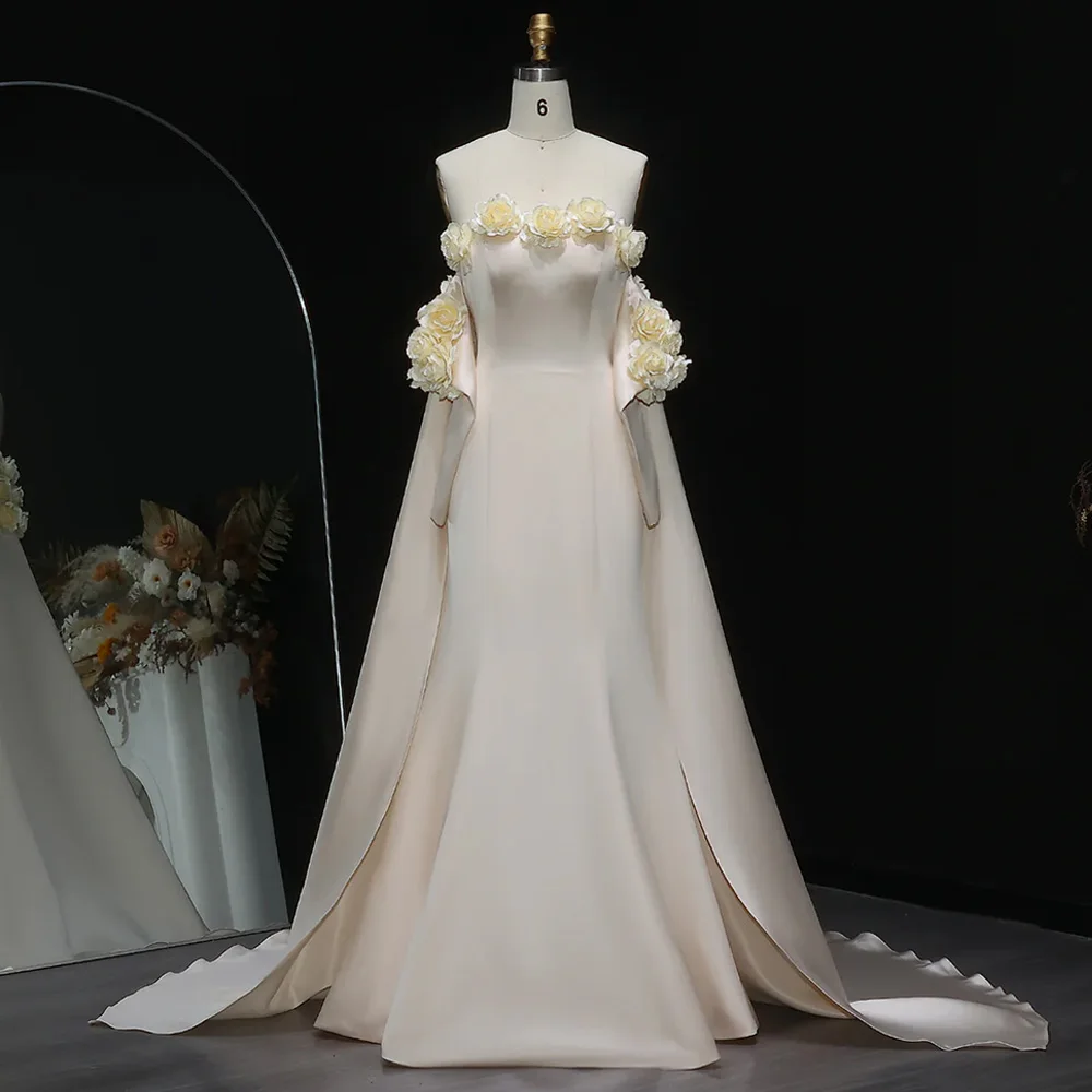 

Customized Off the Shoulder Long Sleeves Evening Dress High Quality Flowers Special Occasion Gowns Court Train Celebrity Gowns