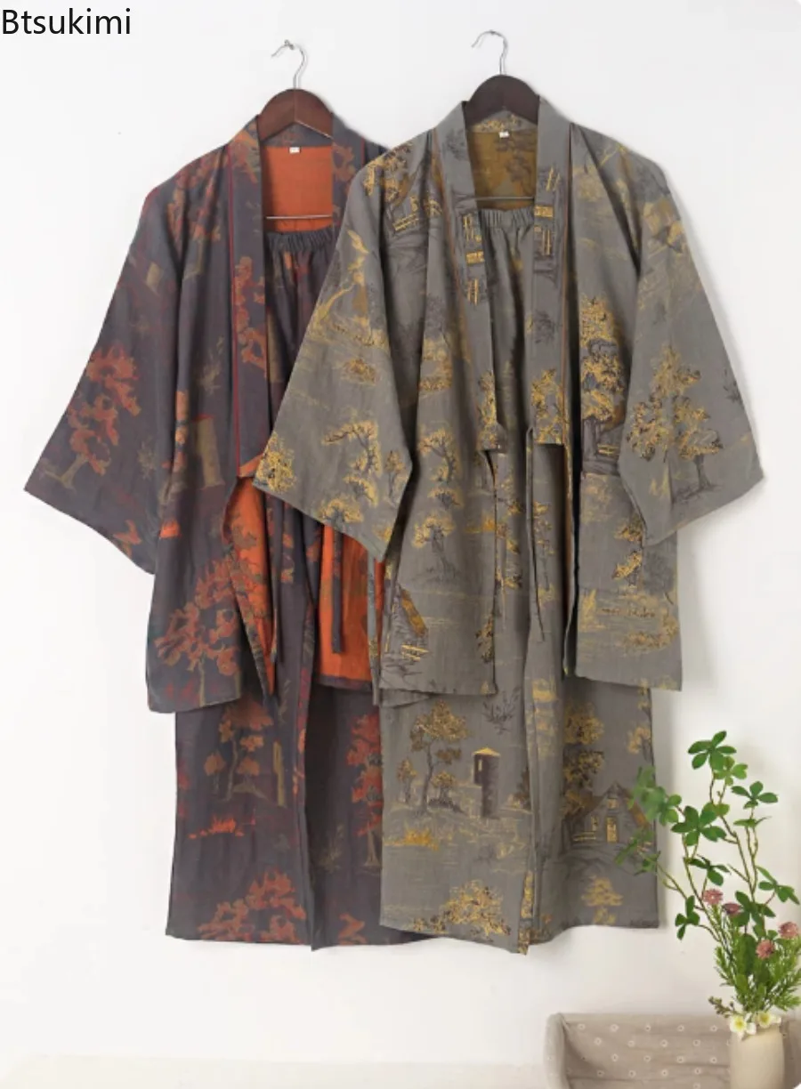 

Spring and Autumn Men's Cotton Yarn Kimono Pajamas Robes Sets Jacquard Printed Home Clothing Medium Length Breathable Bathrobe