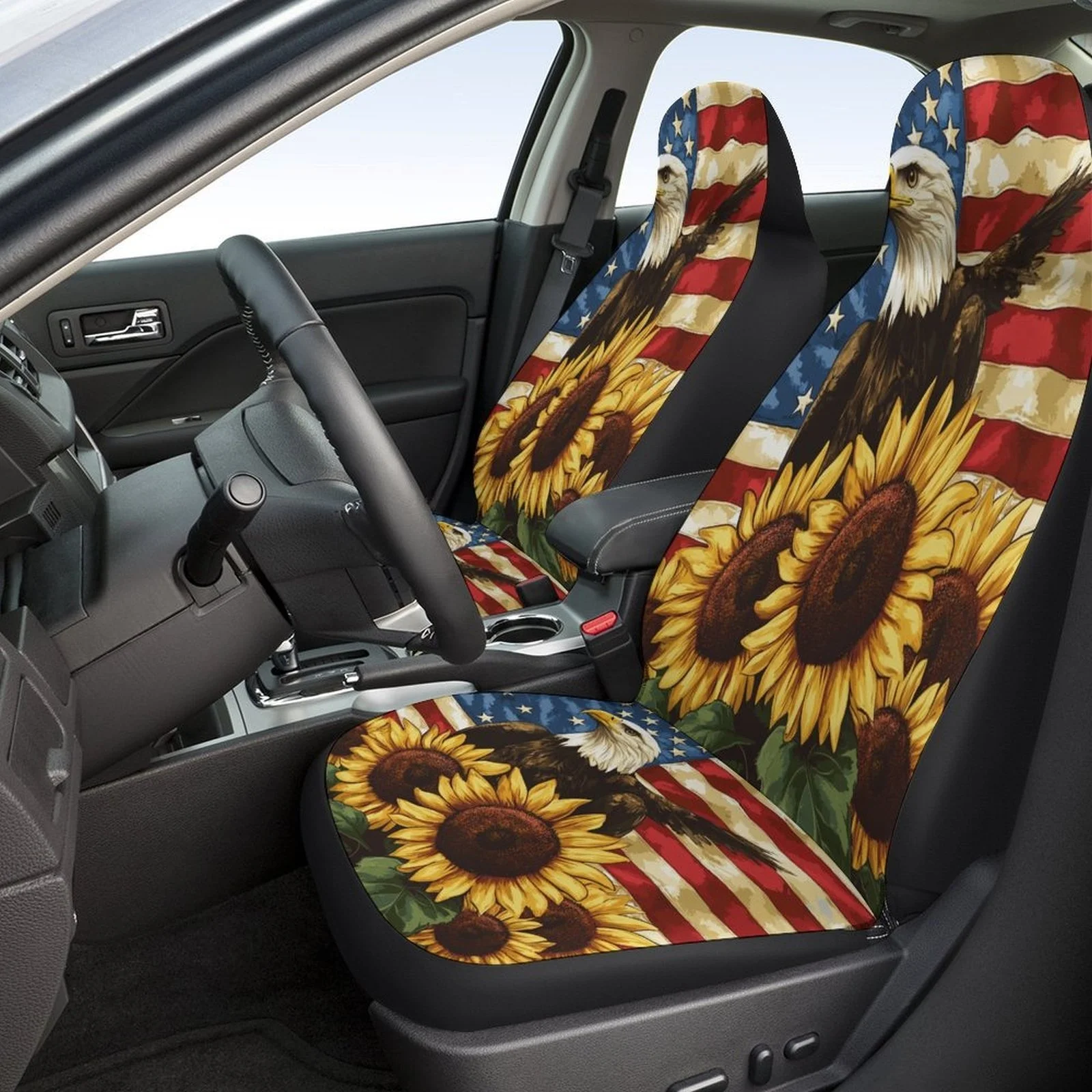 Car Seat Cover Set Featuring An Eagle, Sunflowers, And A Flag, Suitable For Various Vehicles. Stylish And Custom-Made, These Hig