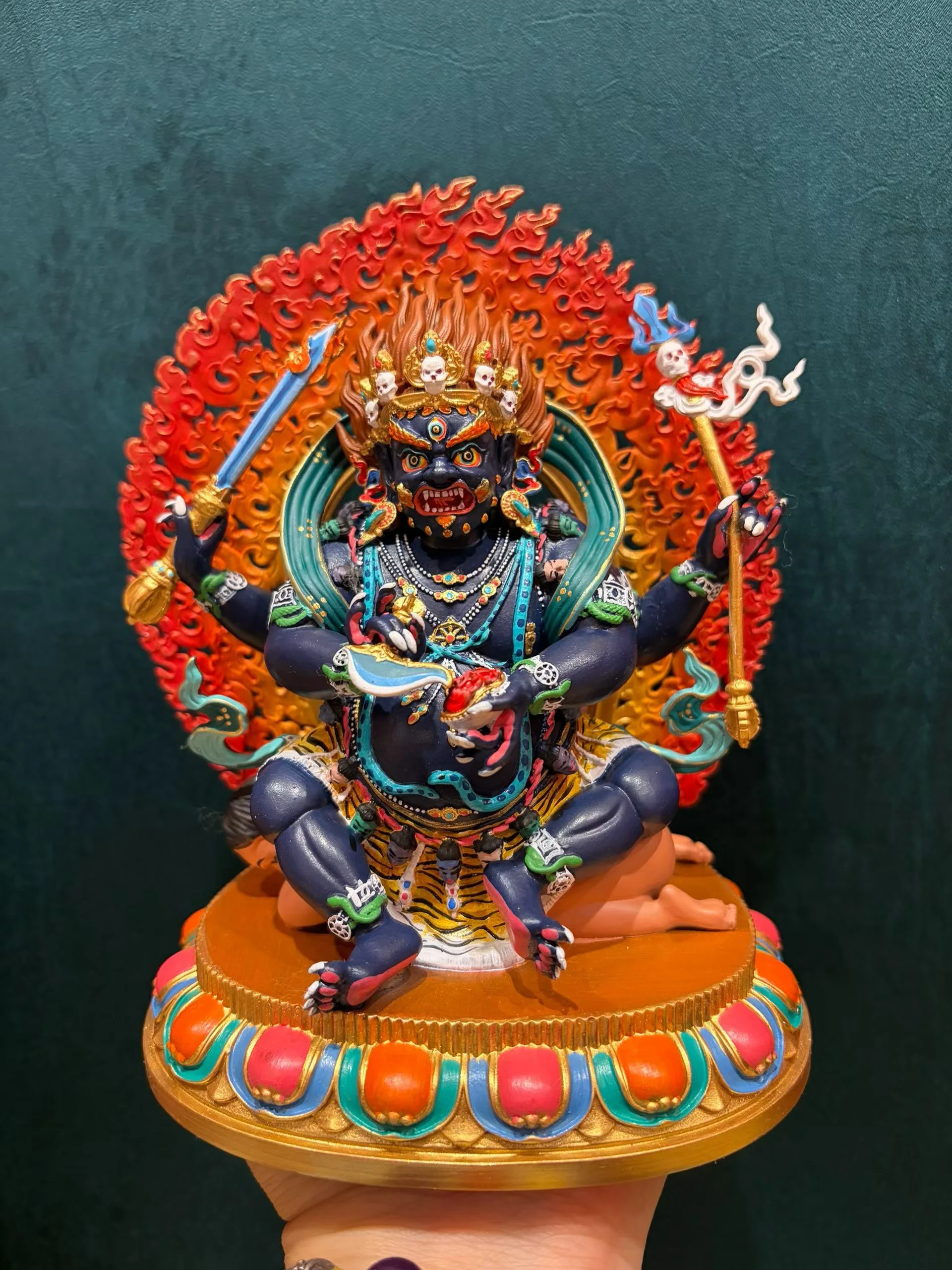 Exclusive offer 15cm Exquisite copper carving painted Buddha statue FOUR ARMS DA HEI TIAN Mahakala Buddhist family monk worship