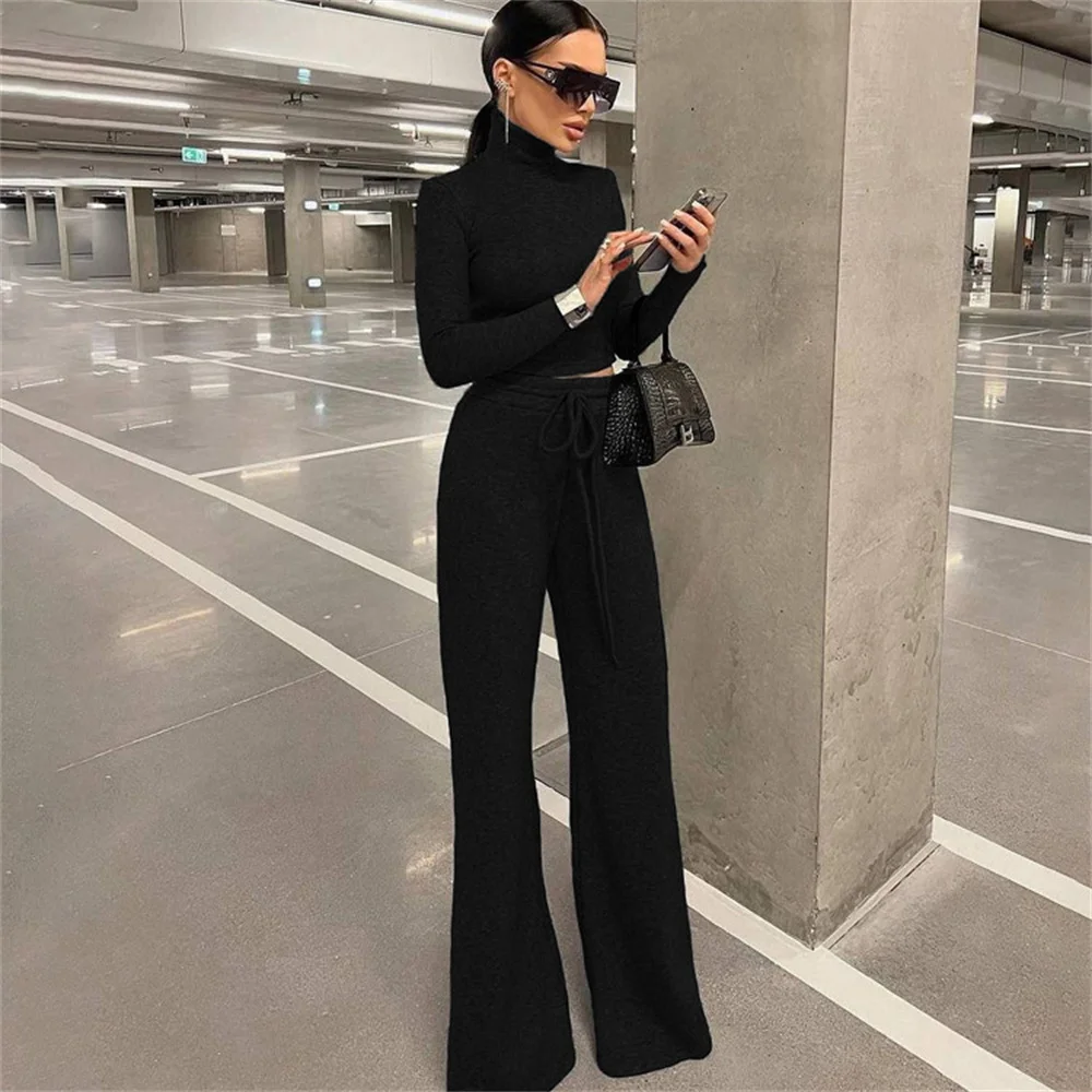 Women Solid Slim Turlneck Crop Tops Long Pants Suit Casual Autumn Elastic Long Sleeve Shirt and Loose Lace up Wide Leg Trousers