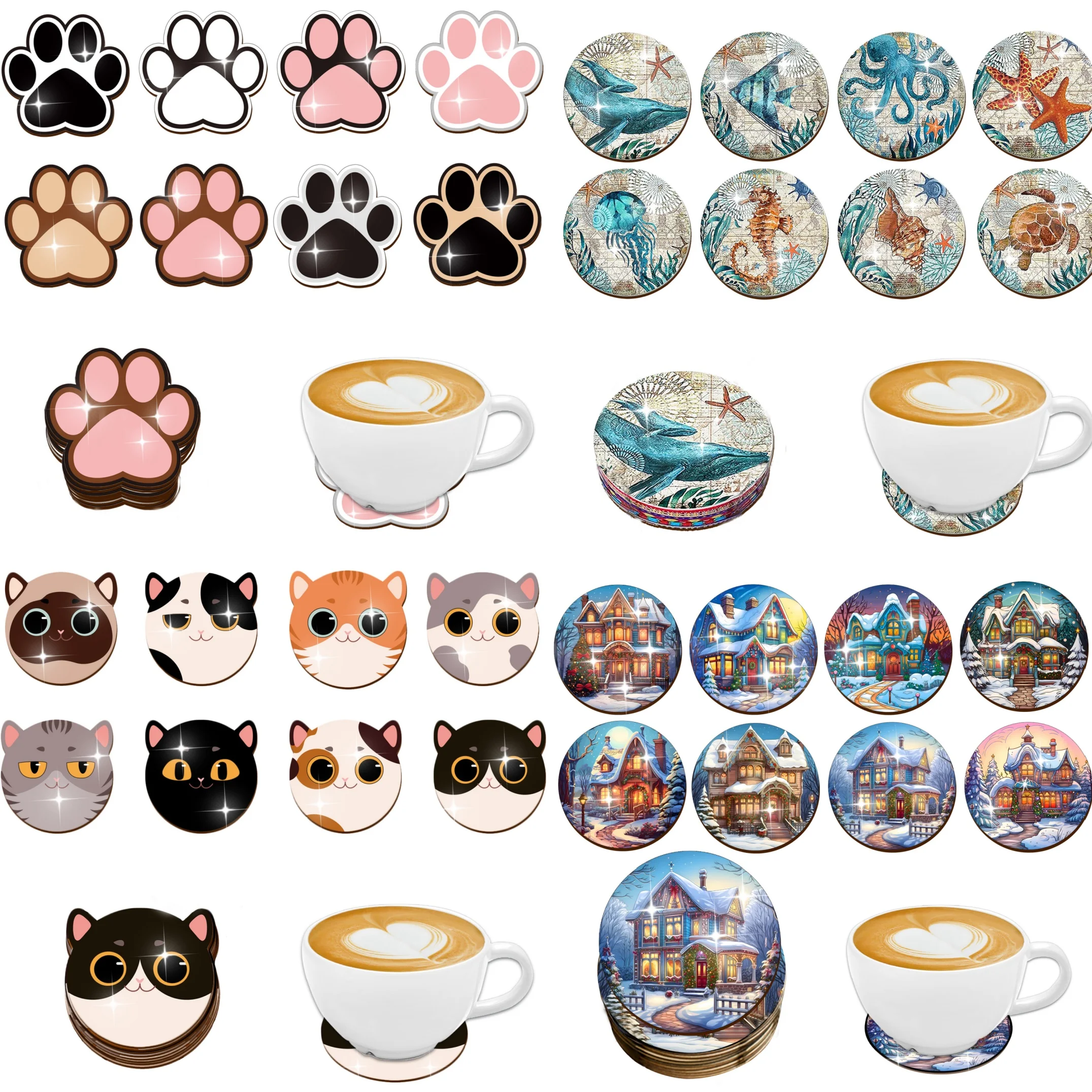 8-teiliges Set Holzuntersetzer mit Tier- und Weihnachtshaus-Motiven - Perfekt für Getränke, Tee und Kaffee - Ideal für Zuhause und Restaurant-Dekoration