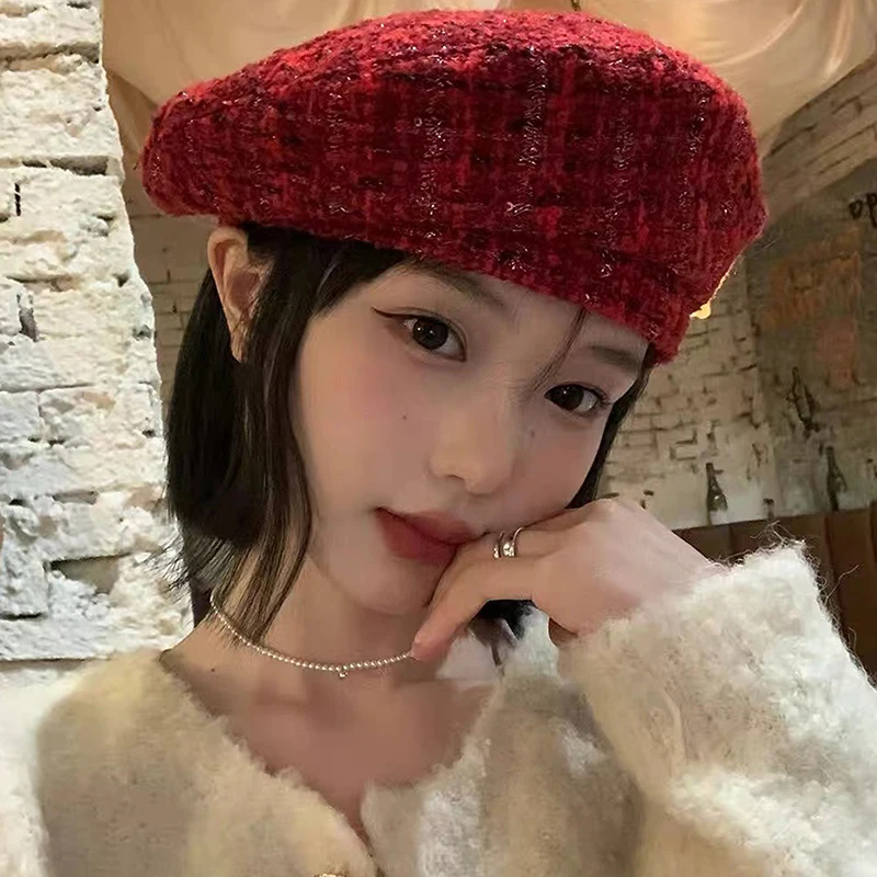 Christmas Red Beret Women Autumn Winter British Retro Tweed Berets French Hat For Woman Temperamental Accessories