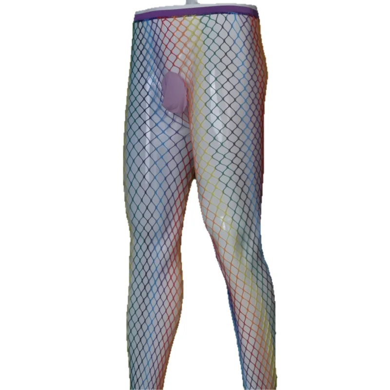 Men's Sexy Stockings Oil Shiny Glossy Gradient Rainbow Fishnet Mesh Pantyhose Hollow Bottom Socks Transparent Leggings Sockings