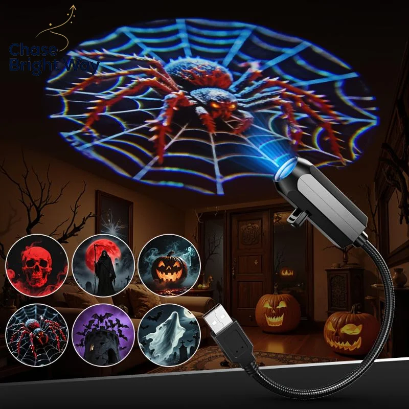 USB Portable Halloween Projector Light 6 Rotatable Patterns LED Atmosphere Lamp for Outdoor Camping Party Decor